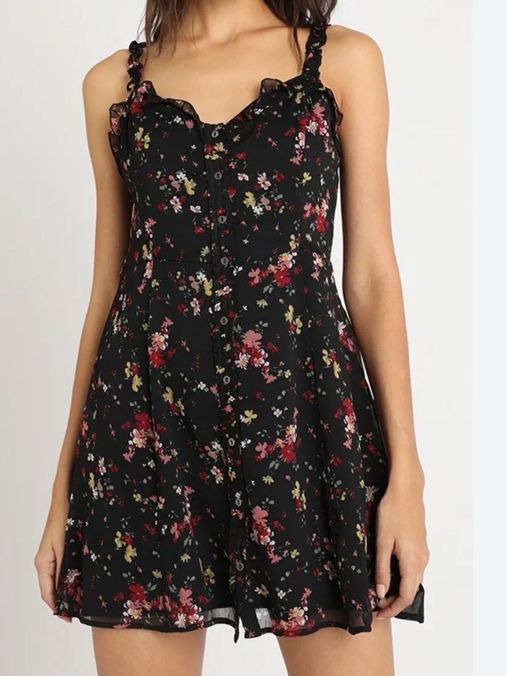 Black Floral Button-Front Sundress with Ruffled Straps